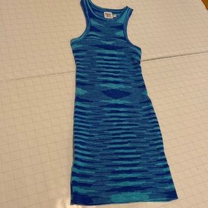 Teal and blue knit mini-dress.